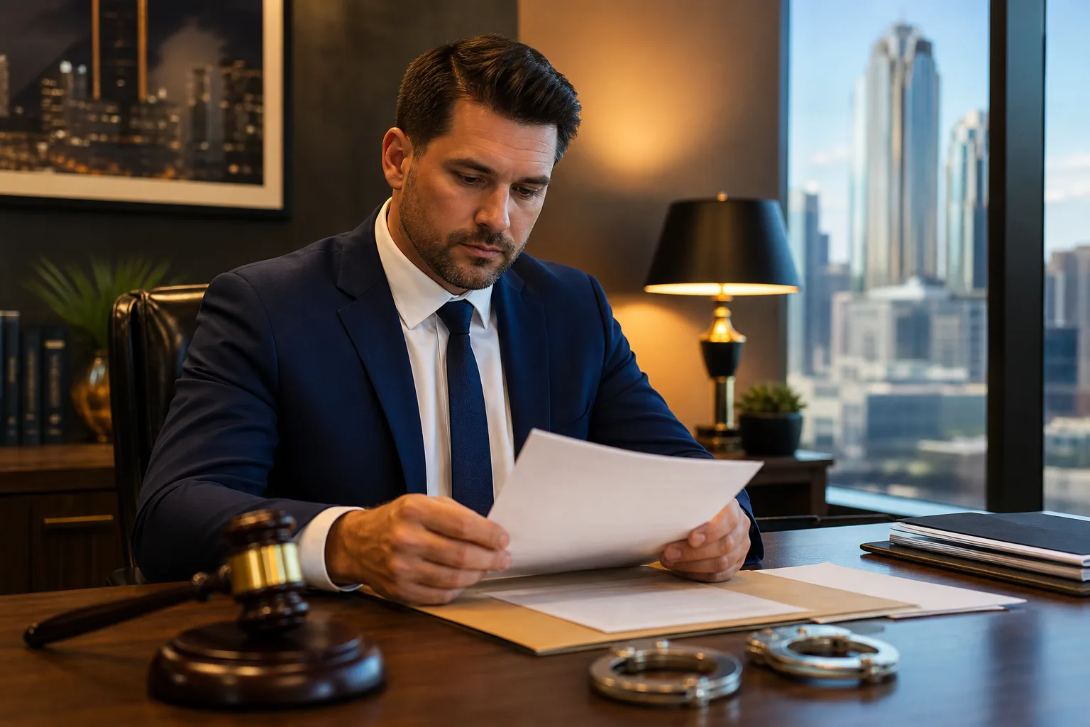 Charlotte bail bondsman reviewing drug charge bail bond paperwork at a professional office